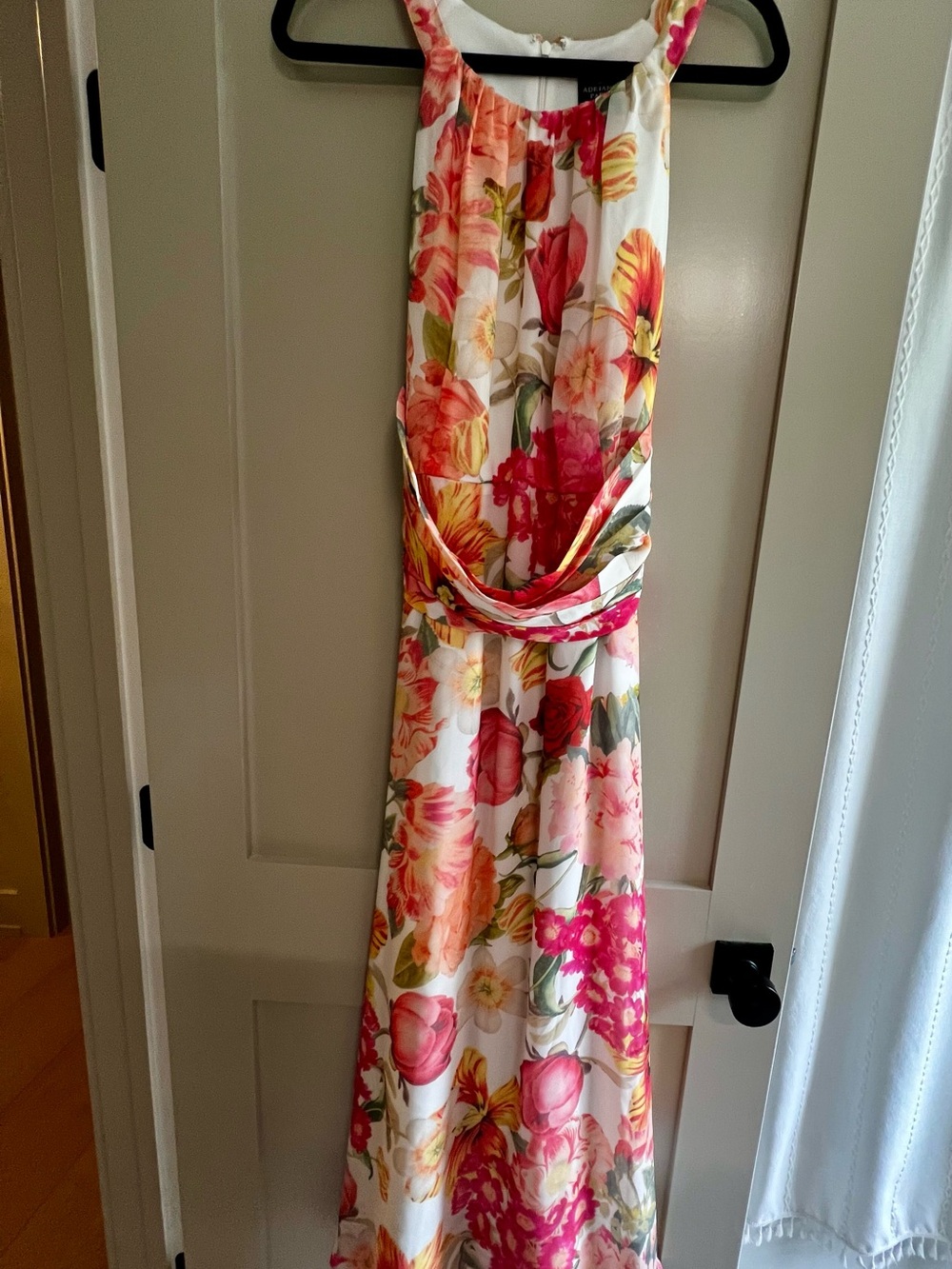 Adrianna Papell White Maxi Dress with Pink and Coral Floral Print